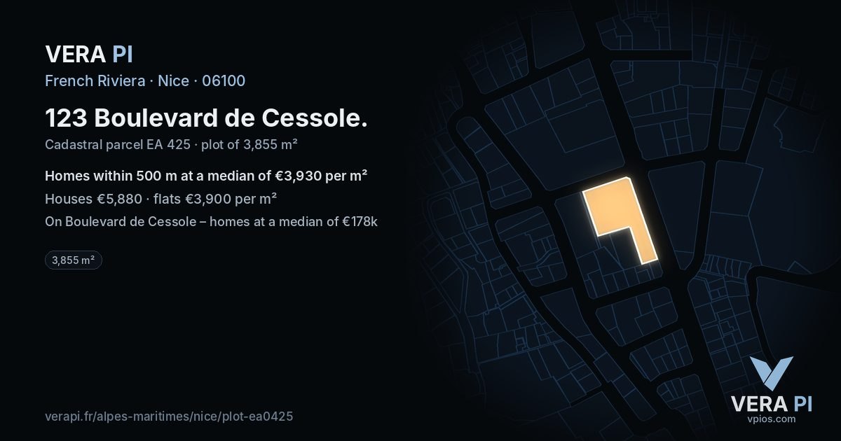 123 Boulevard de Cessole, Nice at night – the plot lit, the parcels around coloured by the prices near them