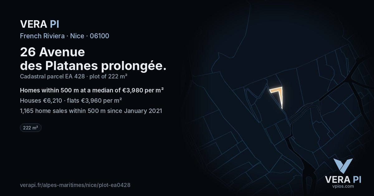 26 Avenue des Platanes prolongée, Nice at night – the plot lit, the parcels around coloured by the prices near them