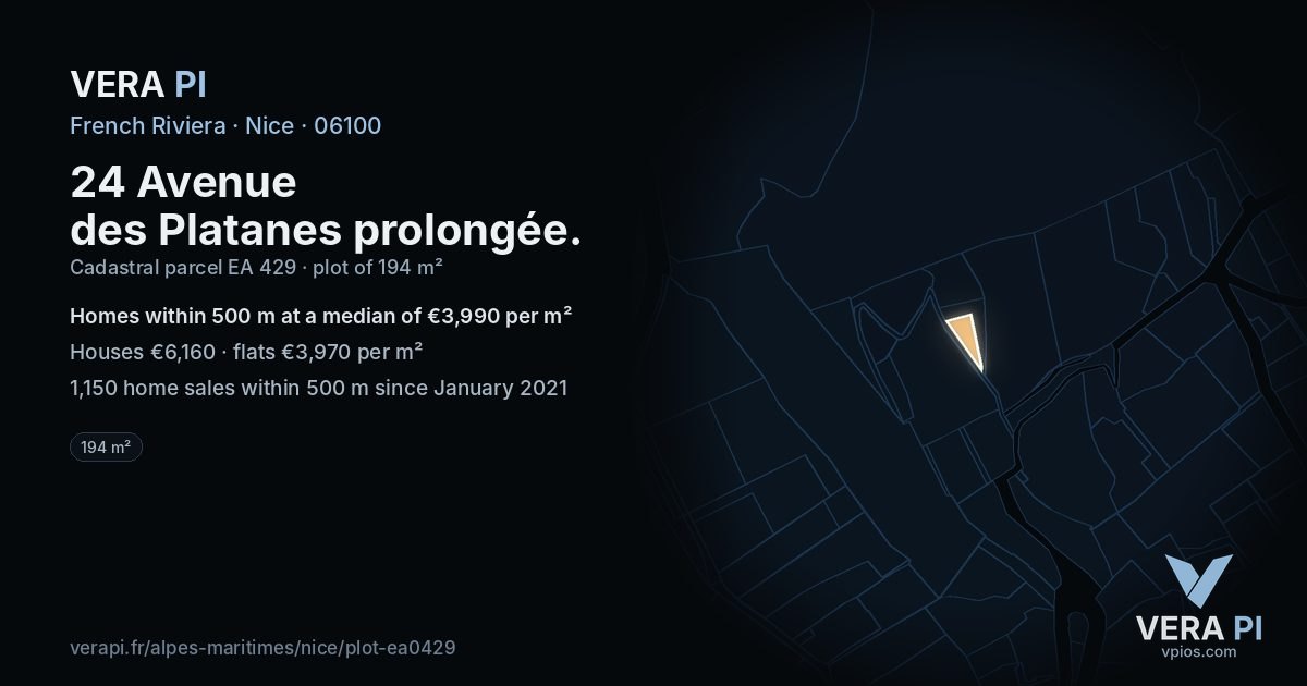 24 Avenue des Platanes prolongée, Nice at night – the plot lit, the parcels around coloured by the prices near them