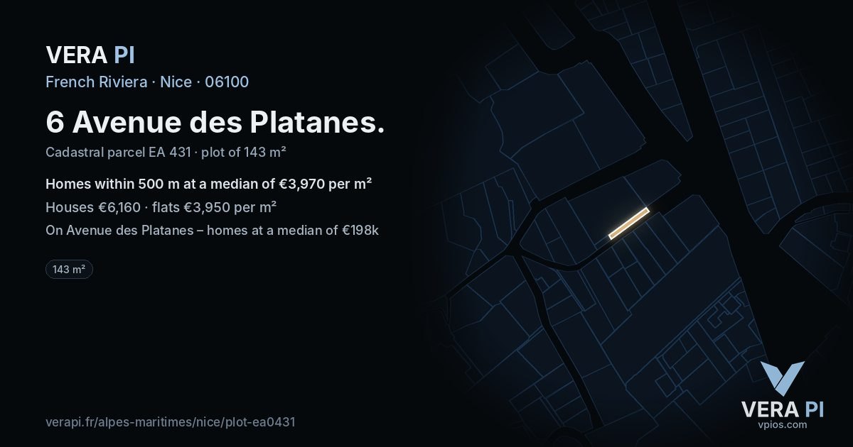 6 Avenue des Platanes, Nice at night – the plot lit, the parcels around coloured by the prices near them