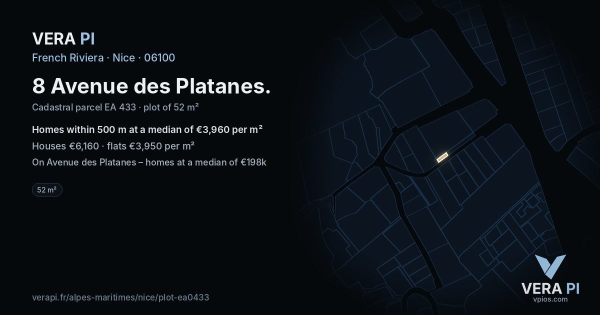 8 Avenue des Platanes, Nice at night – the plot lit, the parcels around coloured by the prices near them