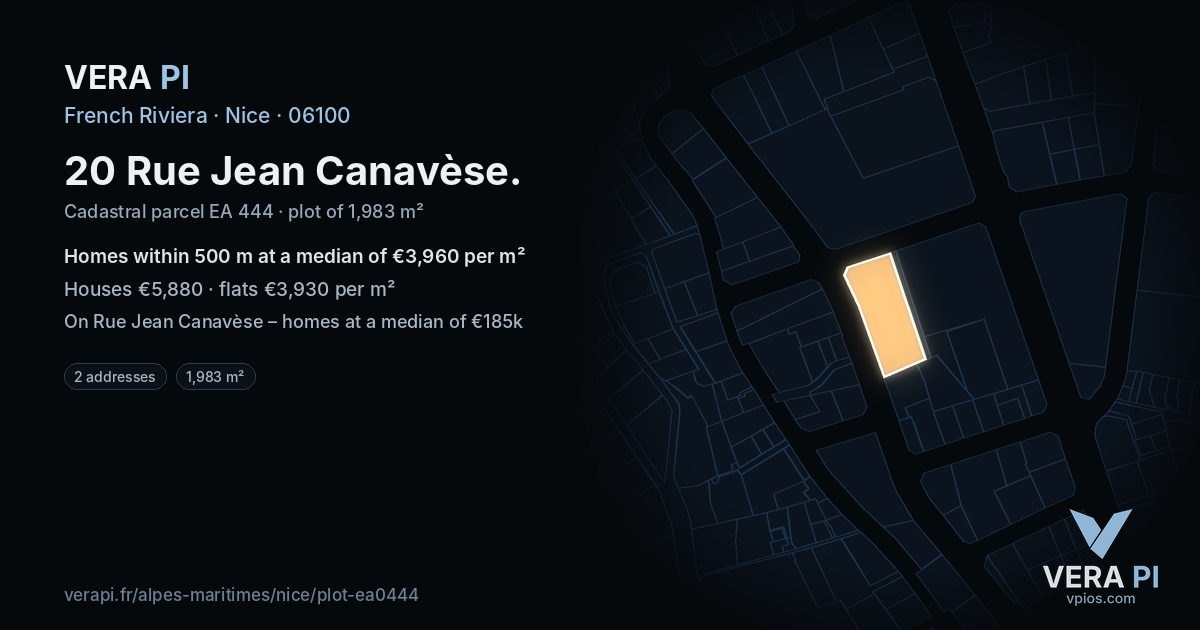 20 Rue Jean Canavèse, Nice at night – the plot lit, the parcels around coloured by the prices near them
