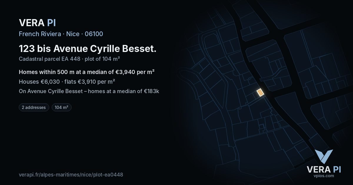 123 bis Avenue Cyrille Besset, Nice at night – the plot lit, the parcels around coloured by the prices near them