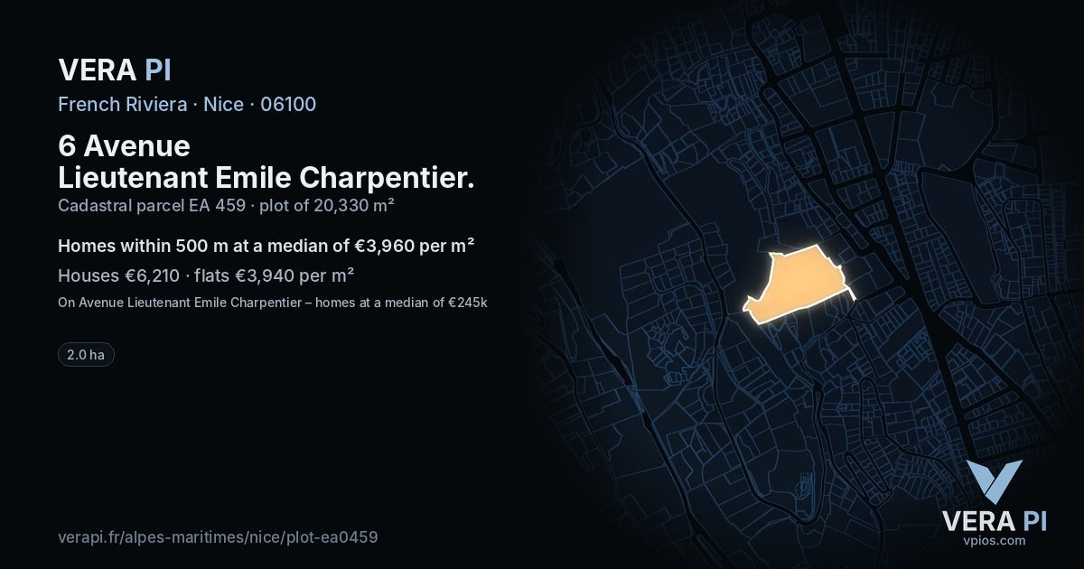 6 Avenue Lieutenant Emile Charpentier, Nice at night – the plot lit, the parcels around coloured by the prices near them