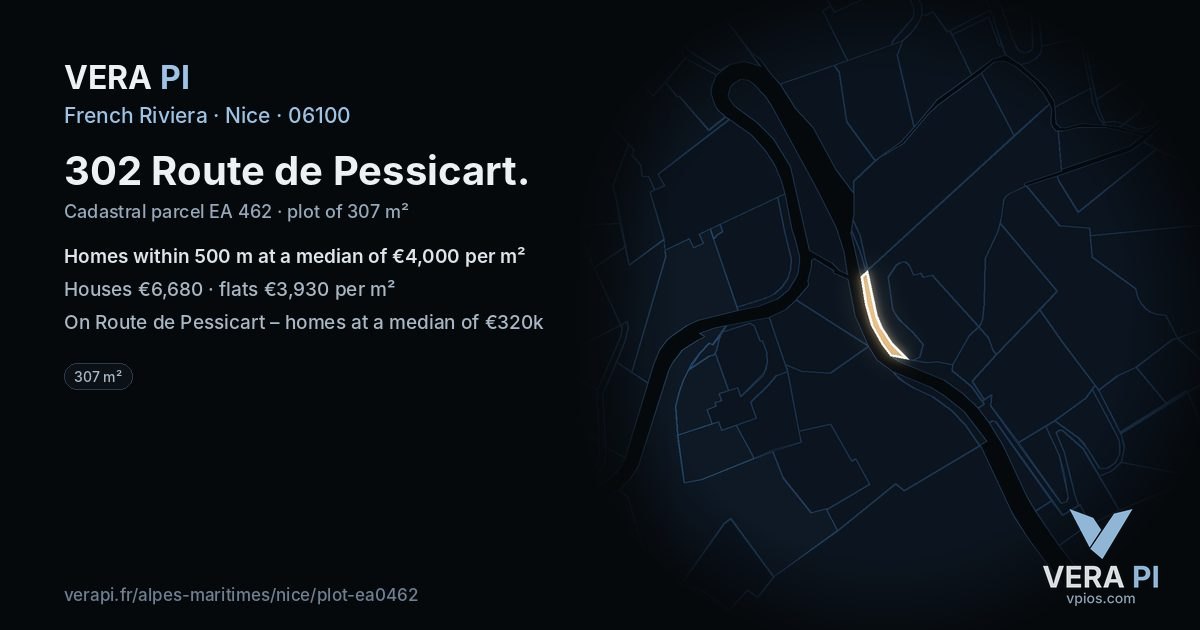 302 Route de Pessicart, Nice at night – the plot lit, the parcels around coloured by the prices near them