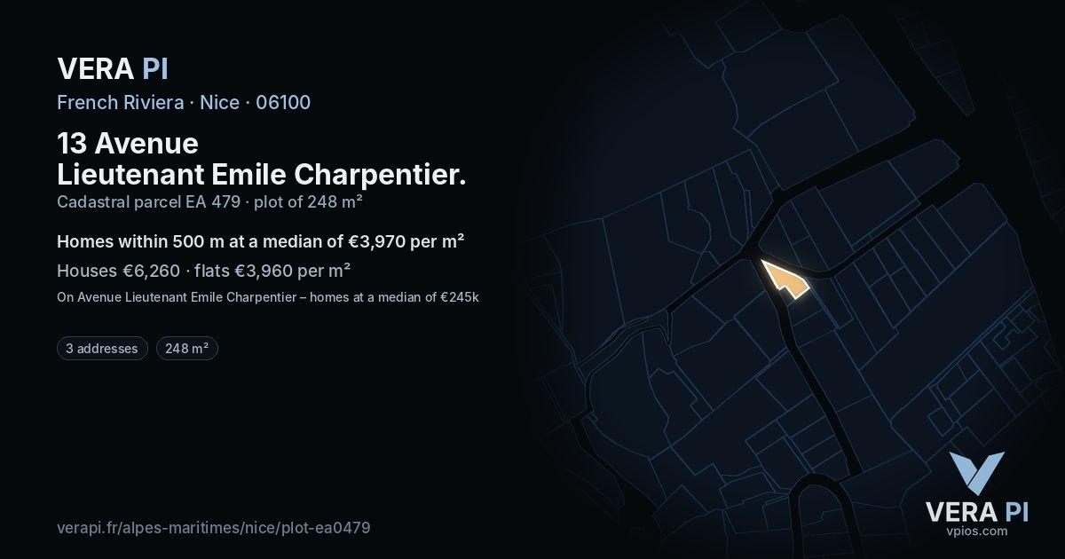 13 Avenue Lieutenant Emile Charpentier, Nice at night – the plot lit, the parcels around coloured by the prices near them