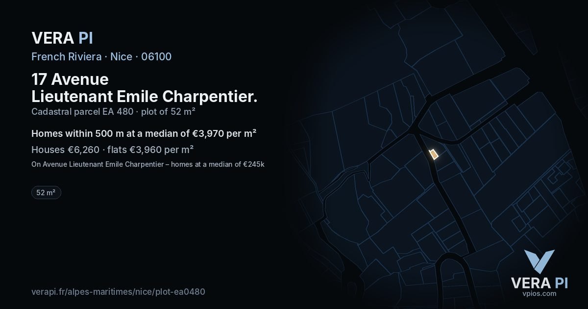 17 Avenue Lieutenant Emile Charpentier, Nice at night – the plot lit, the parcels around coloured by the prices near them
