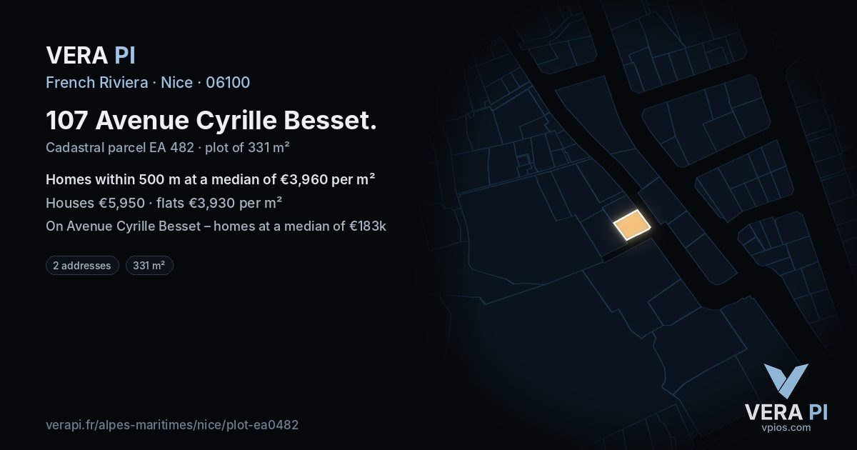 107 Avenue Cyrille Besset, Nice at night – the plot lit, the parcels around coloured by the prices near them