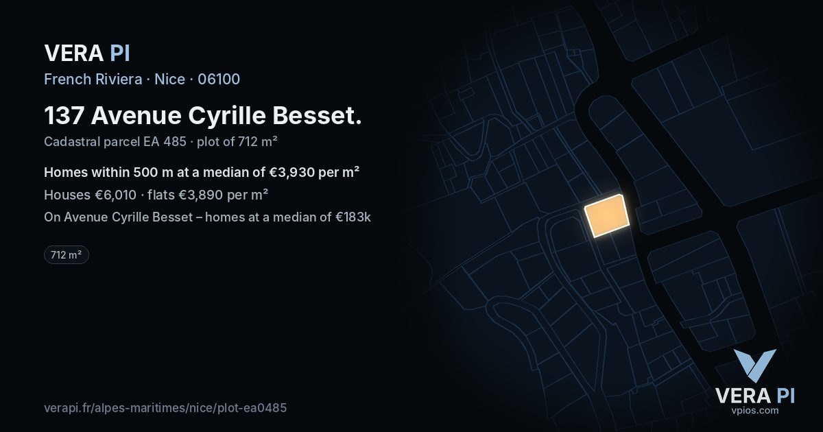137 Avenue Cyrille Besset, Nice at night – the plot lit, the parcels around coloured by the prices near them