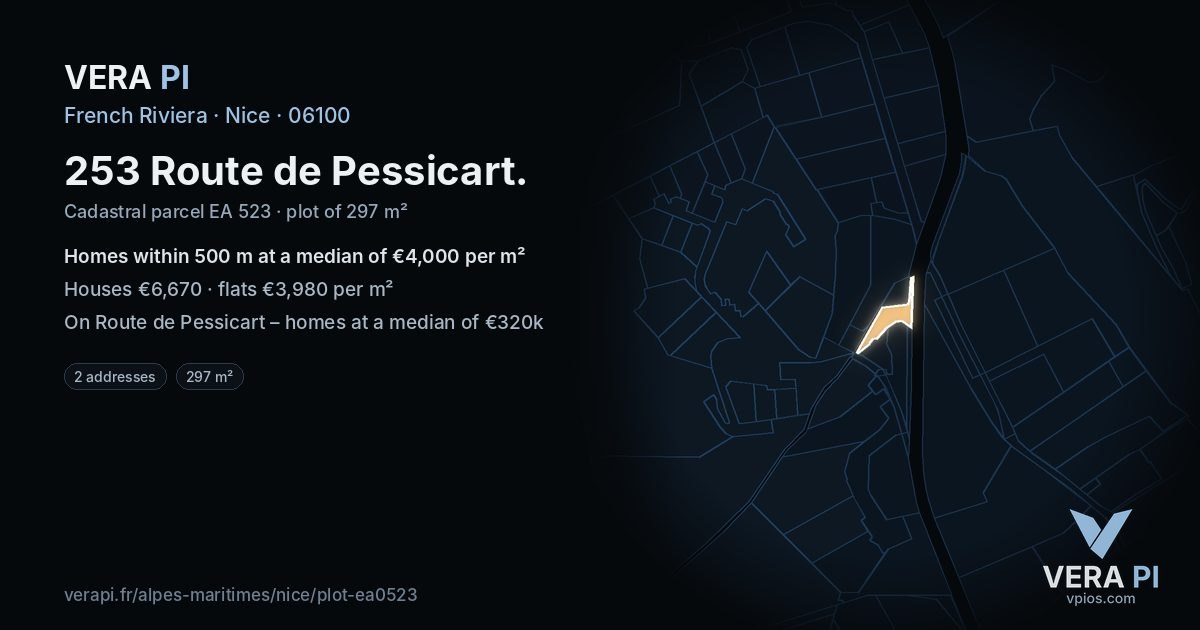 253 Route de Pessicart, Nice at night – the plot lit, the parcels around coloured by the prices near them