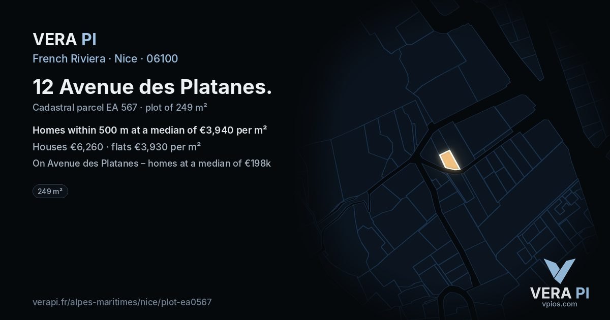 12 Avenue des Platanes, Nice at night – the plot lit, the parcels around coloured by the prices near them