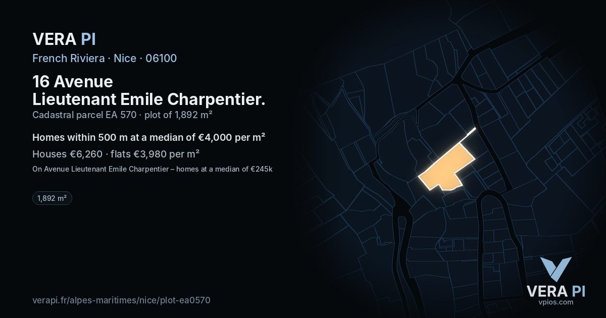 16 Avenue Lieutenant Emile Charpentier, Nice at night – the plot lit, the parcels around coloured by the prices near them