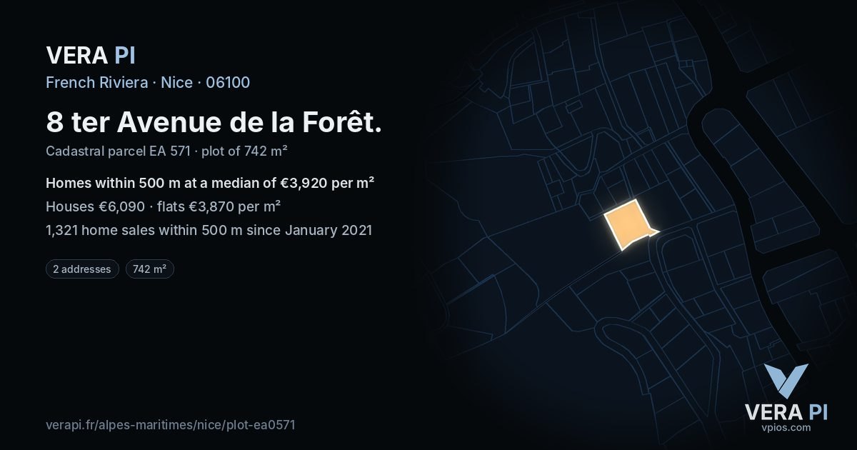 8 ter Avenue de la Forêt, Nice at night – the plot lit, the parcels around coloured by the prices near them