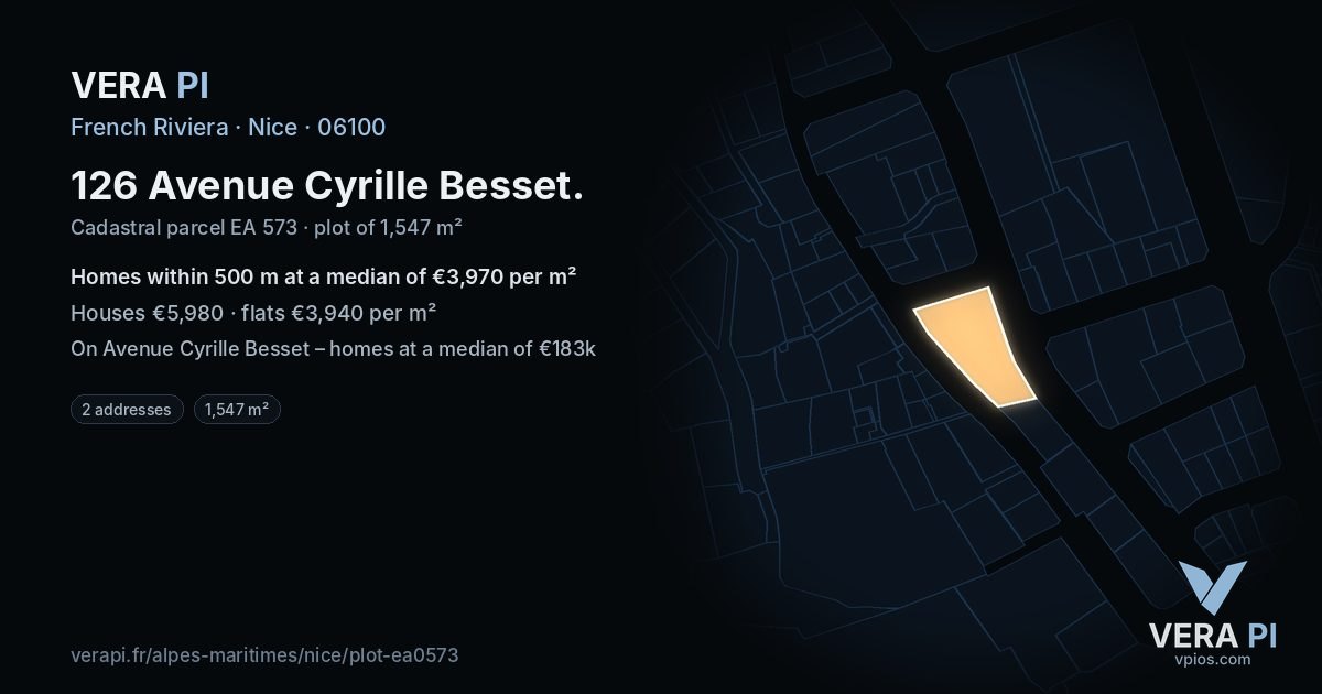 126 Avenue Cyrille Besset, Nice at night – the plot lit, the parcels around coloured by the prices near them