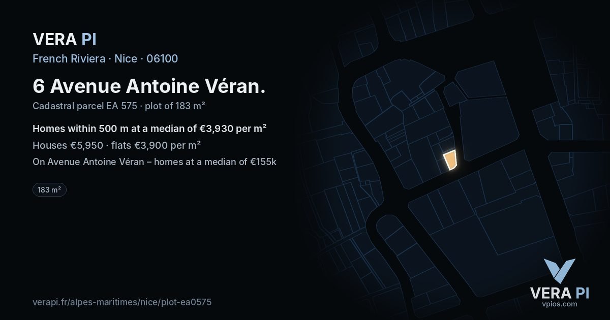 6 Avenue Antoine Véran, Nice at night – the plot lit, the parcels around coloured by the prices near them