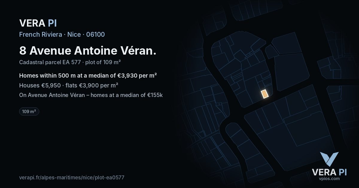 8 Avenue Antoine Véran, Nice at night – the plot lit, the parcels around coloured by the prices near them
