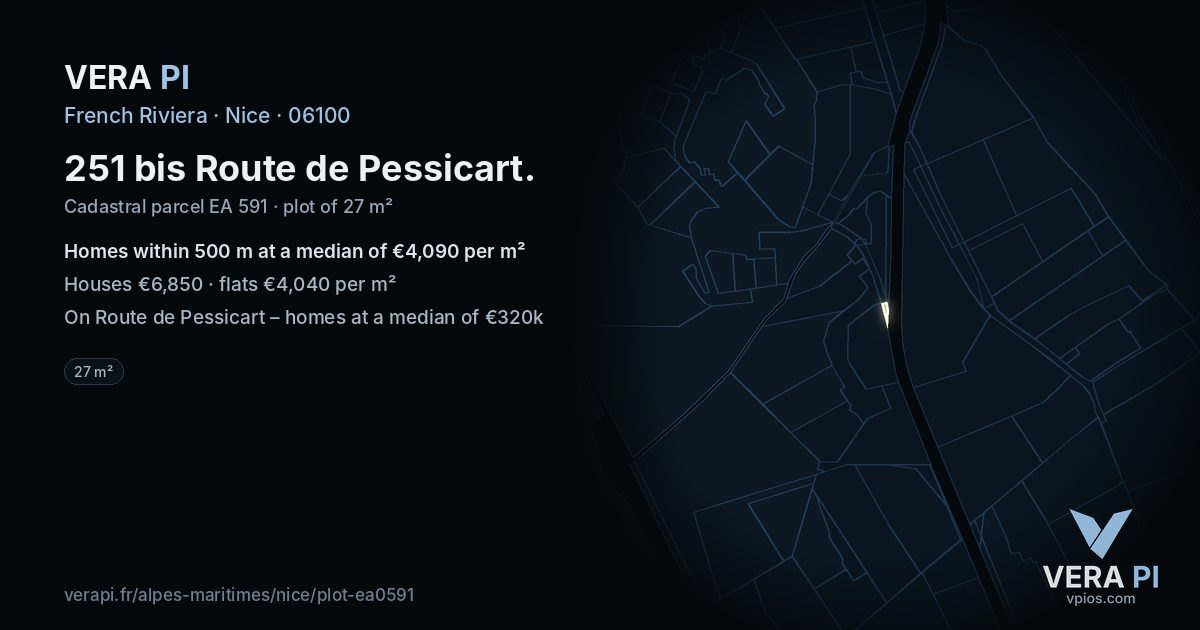 251 bis Route de Pessicart, Nice at night – the plot lit, the parcels around coloured by the prices near them