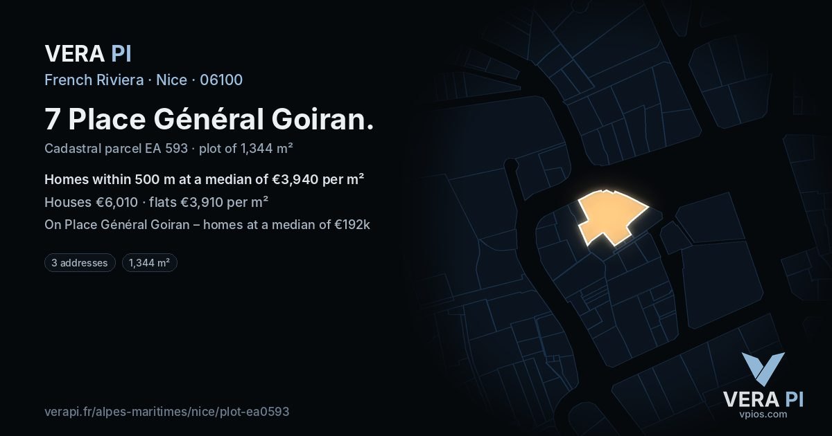 7 Place Général Goiran, Nice at night – the plot lit, the parcels around coloured by the prices near them