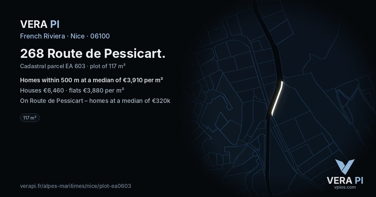 268 Route de Pessicart, Nice at night – the plot lit, the parcels around coloured by the prices near them
