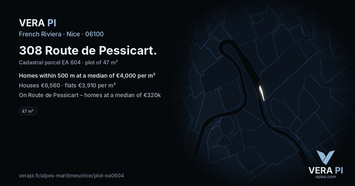 308 Route de Pessicart, Nice at night – the plot lit, the parcels around coloured by the prices near them