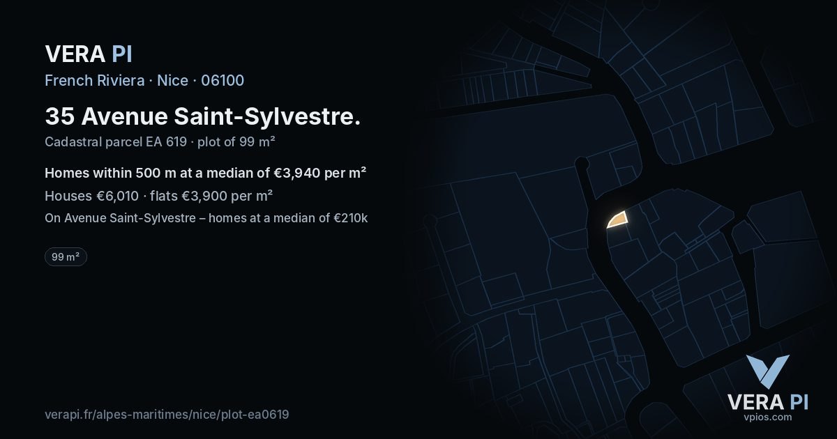 35 Avenue Saint-Sylvestre, Nice at night – the plot lit, the parcels around coloured by the prices near them