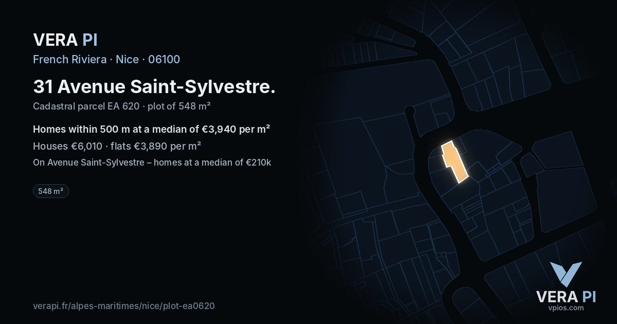 31 Avenue Saint-Sylvestre, Nice at night – the plot lit, the parcels around coloured by the prices near them