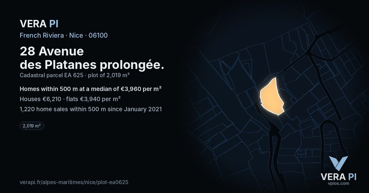 28 Avenue des Platanes prolongée, Nice at night – the plot lit, the parcels around coloured by the prices near them