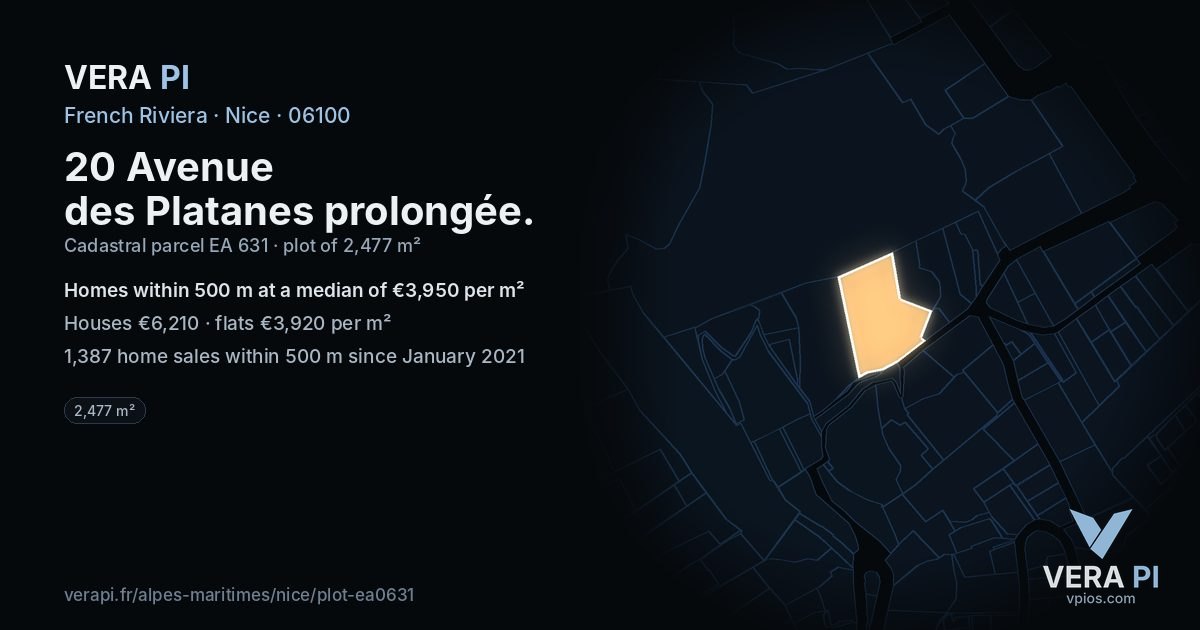 20 Avenue des Platanes prolongée, Nice at night – the plot lit, the parcels around coloured by the prices near them