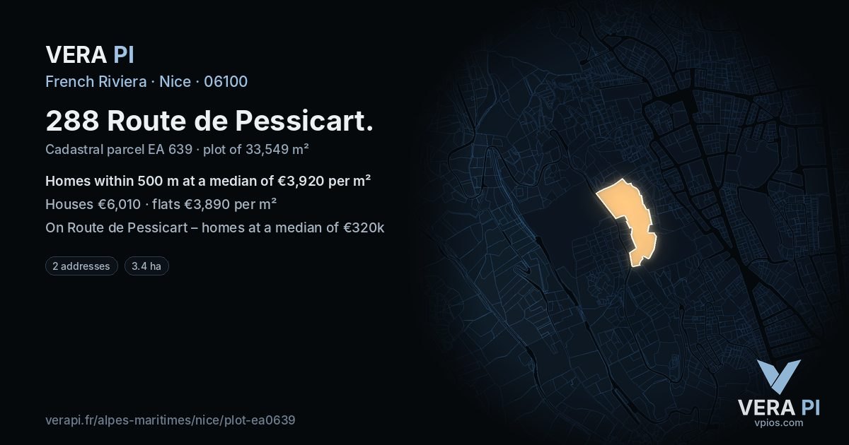288 Route de Pessicart, Nice at night – the plot lit, the parcels around coloured by the prices near them