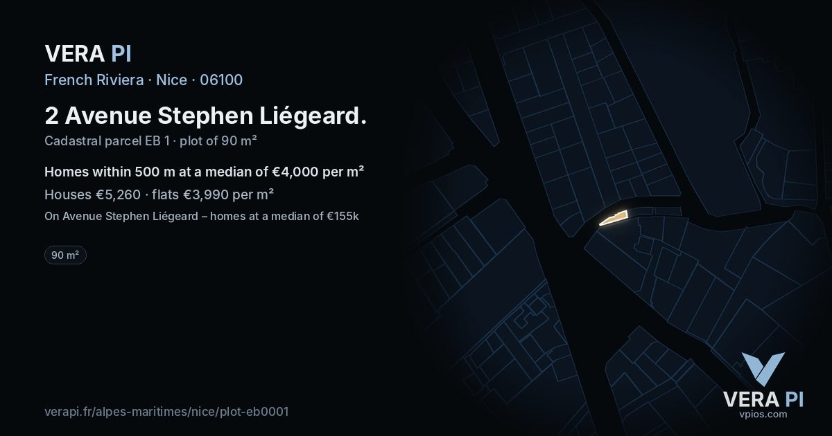 2 Avenue Stephen Liégeard, Nice at night – the plot lit, the parcels around coloured by the prices near them