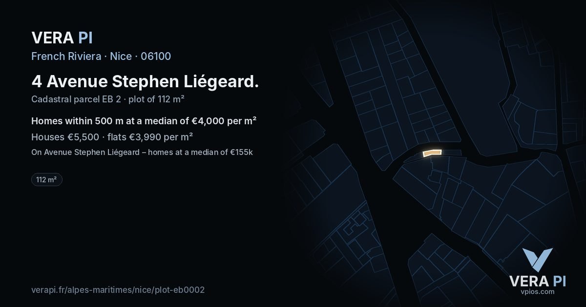 4 Avenue Stephen Liégeard, Nice at night – the plot lit, the parcels around coloured by the prices near them