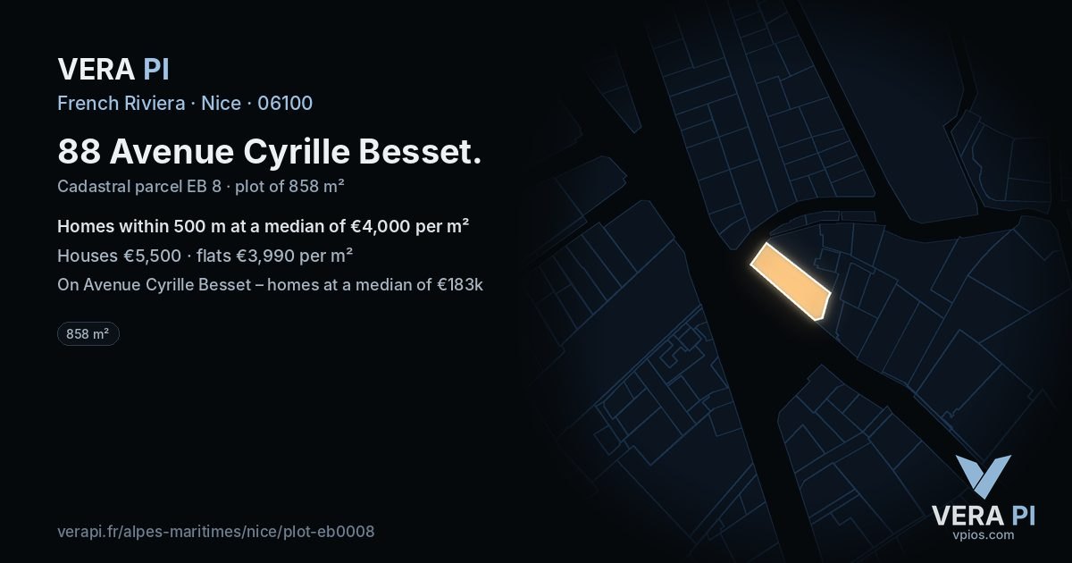 88 Avenue Cyrille Besset, Nice at night – the plot lit, the parcels around coloured by the prices near them