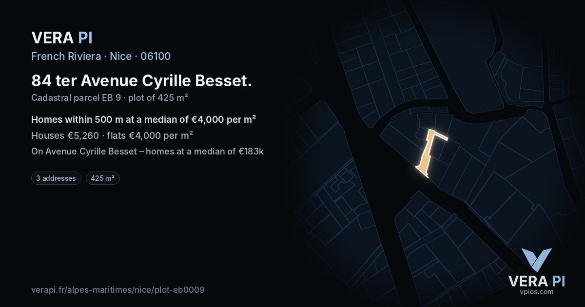 84 ter Avenue Cyrille Besset, Nice at night – the plot lit, the parcels around coloured by the prices near them