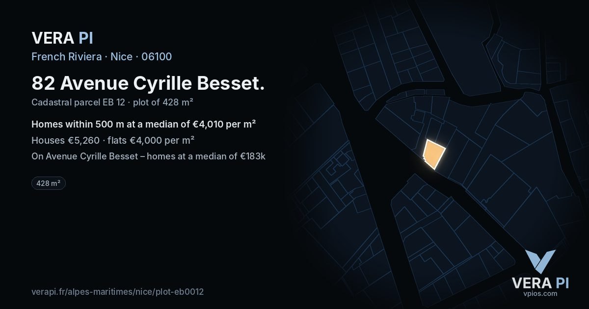 82 Avenue Cyrille Besset, Nice at night – the plot lit, the parcels around coloured by the prices near them