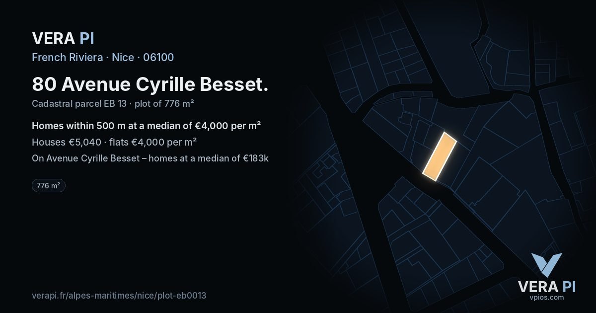 80 Avenue Cyrille Besset, Nice at night – the plot lit, the parcels around coloured by the prices near them