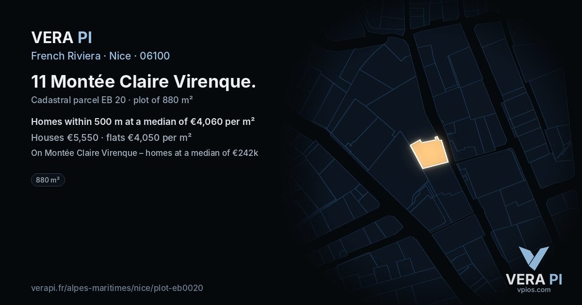 11 Montée Claire Virenque, Nice at night – the plot lit, the parcels around coloured by the prices near them