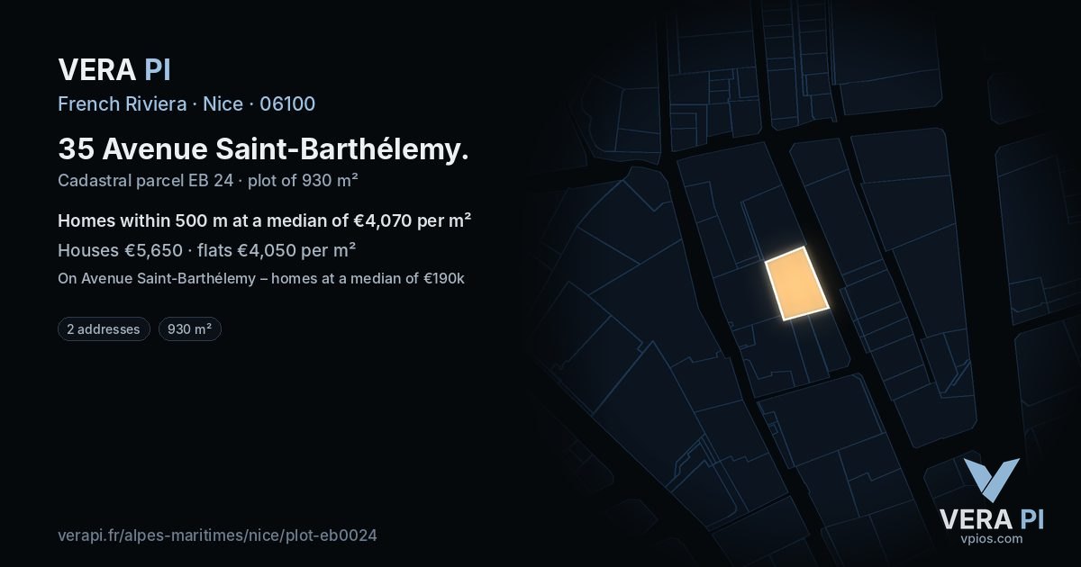 35 Avenue Saint-Barthélemy, Nice at night – the plot lit, the parcels around coloured by the prices near them