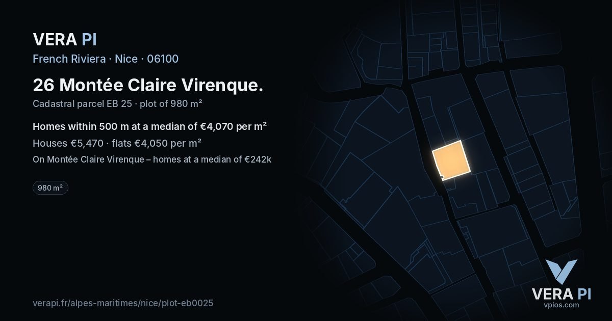 26 Montée Claire Virenque, Nice at night – the plot lit, the parcels around coloured by the prices near them