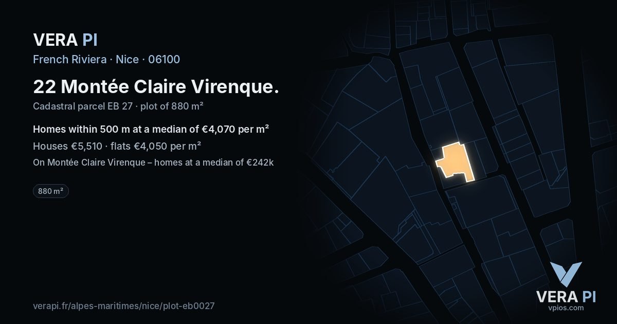 22 Montée Claire Virenque, Nice at night – the plot lit, the parcels around coloured by the prices near them