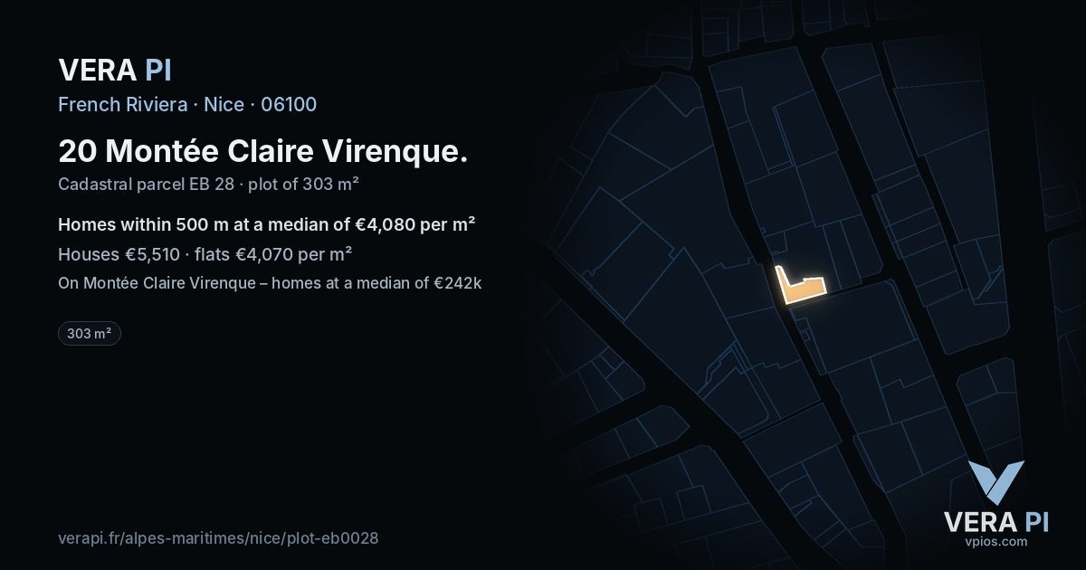 20 Montée Claire Virenque, Nice at night – the plot lit, the parcels around coloured by the prices near them