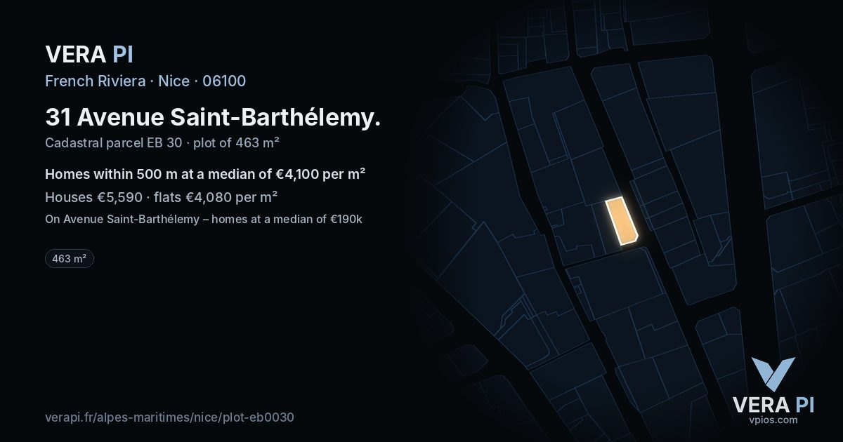 31 Avenue Saint-Barthélemy, Nice at night – the plot lit, the parcels around coloured by the prices near them