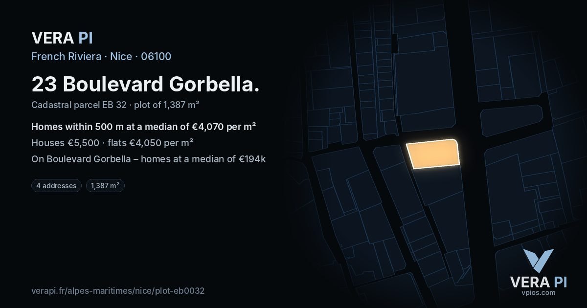 23 Boulevard Gorbella, Nice at night – the plot lit, the parcels around coloured by the prices near them