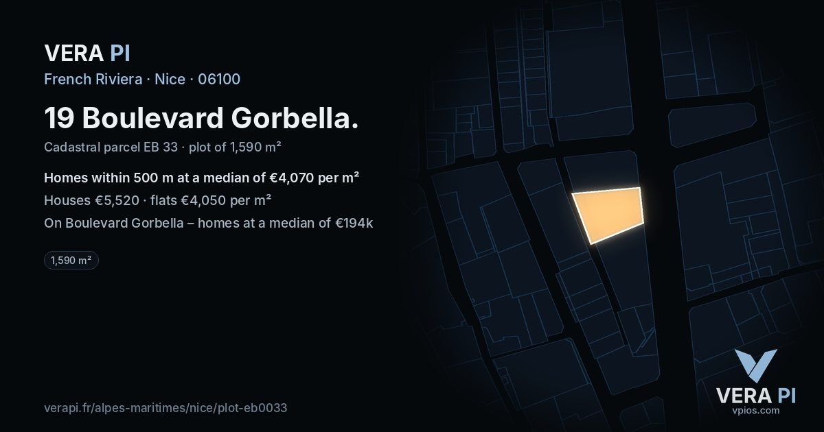 19 Boulevard Gorbella, Nice at night – the plot lit, the parcels around coloured by the prices near them