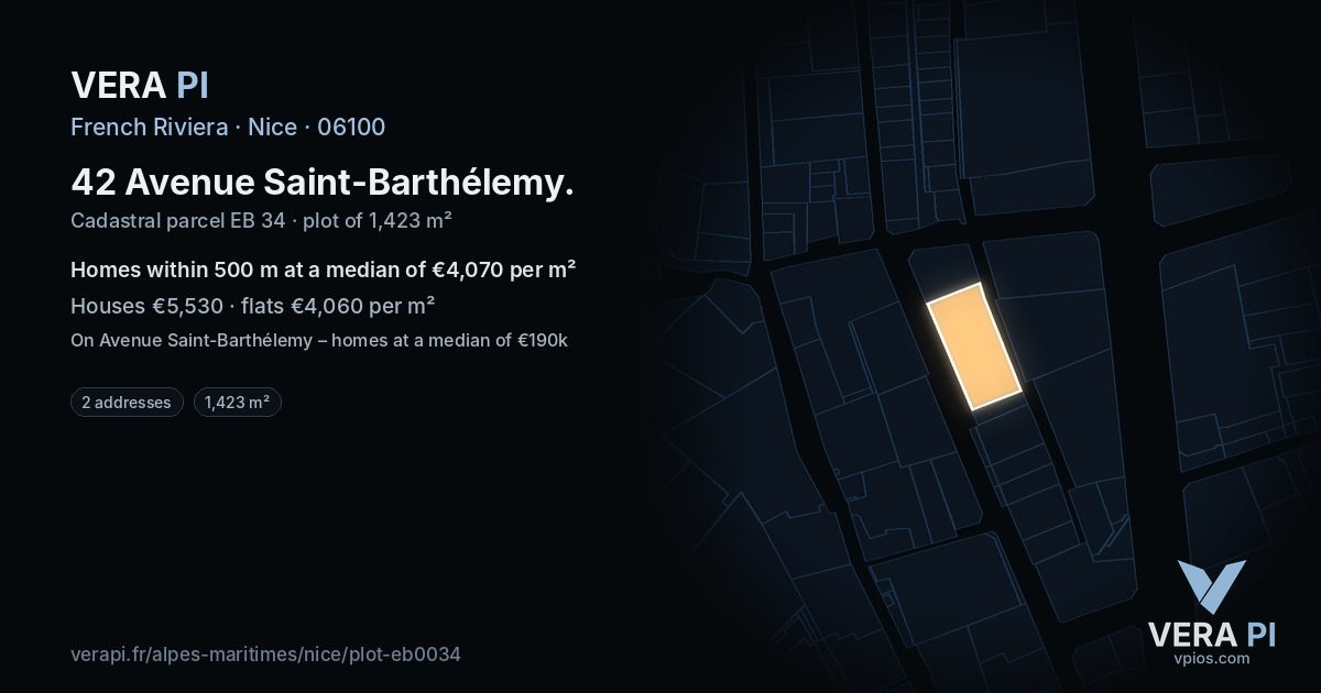 42 Avenue Saint-Barthélemy, Nice at night – the plot lit, the parcels around coloured by the prices near them