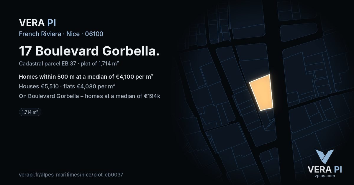 17 Boulevard Gorbella, Nice at night – the plot lit, the parcels around coloured by the prices near them