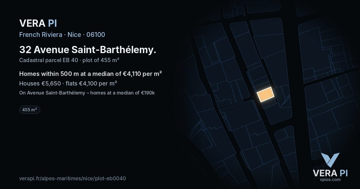 32 Avenue Saint-Barthélemy, Nice at night – the plot lit, the parcels around coloured by the prices near them