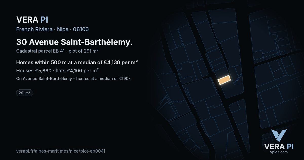 30 Avenue Saint-Barthélemy, Nice at night – the plot lit, the parcels around coloured by the prices near them