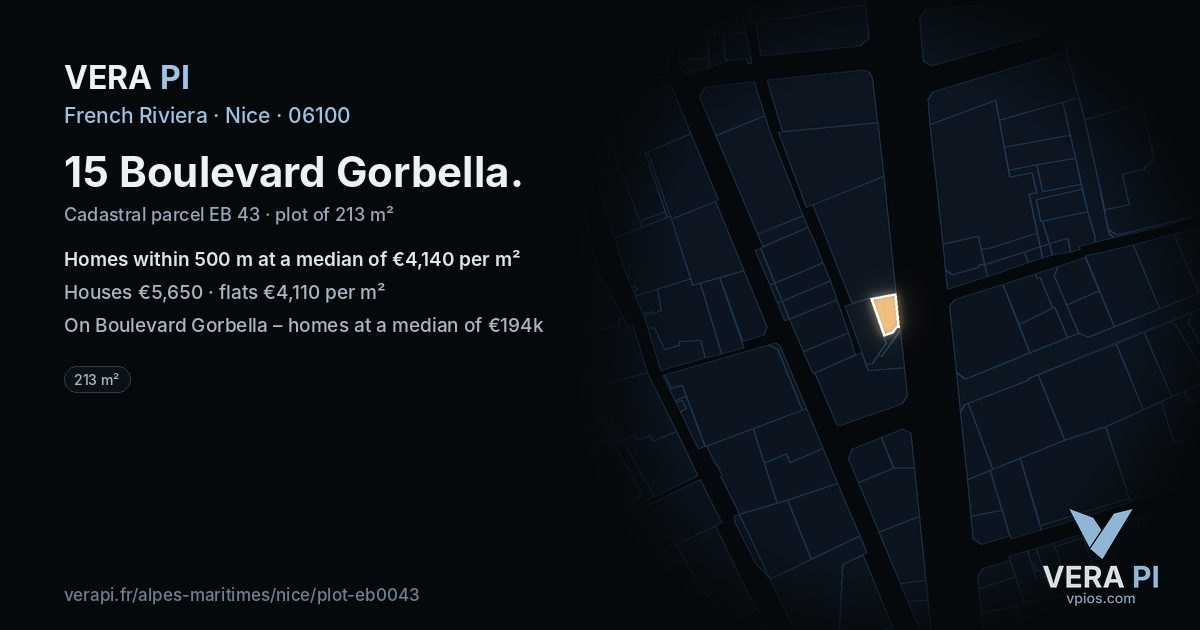 15 Boulevard Gorbella, Nice at night – the plot lit, the parcels around coloured by the prices near them