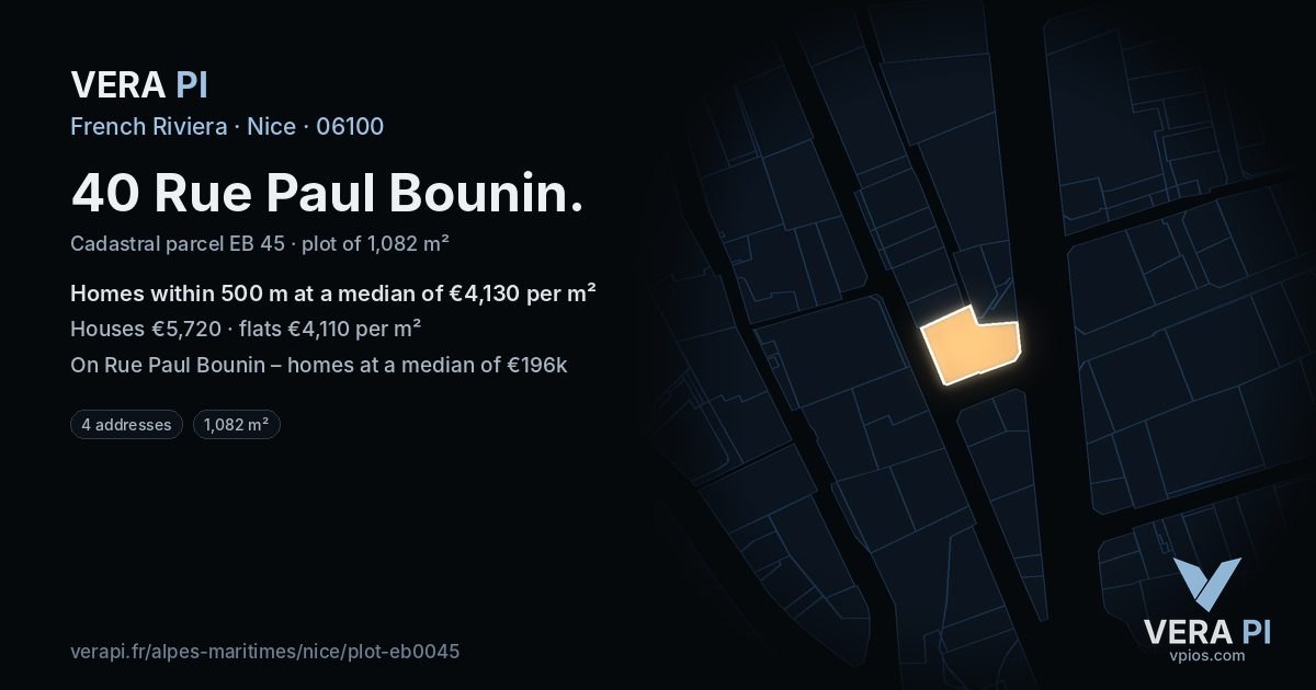 40 Rue Paul Bounin, Nice at night – the plot lit, the parcels around coloured by the prices near them