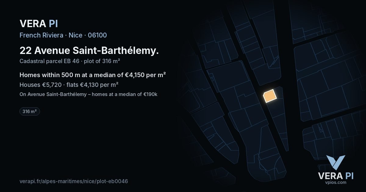 22 Avenue Saint-Barthélemy, Nice at night – the plot lit, the parcels around coloured by the prices near them